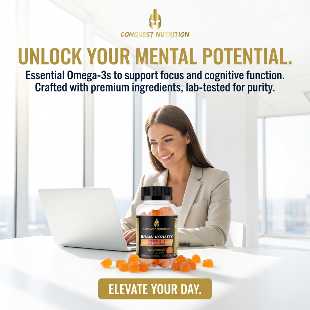 Woman sitting at a desk with a laptop, holding a bottle of 'Brain Vitality' supplements, with text about Omega-3s and cognitive function.