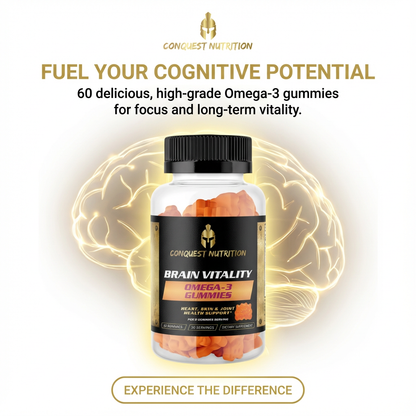 Bottle of Conquest Nutrition Brain Vitality Omega-3 Gummies with a brain illustration in the background.