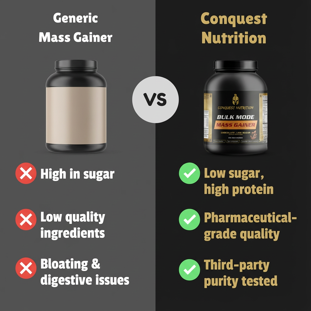 Comparison between a generic mass gainer and Conquest Nutrition mass gainer on a black background.