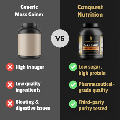 Comparison between a generic mass gainer and Conquest Nutrition mass gainer on a black background.