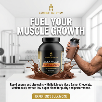 Conquest Nutrition Bulk Mode Mass Gainer with a person holding a shaker in a gym setting.