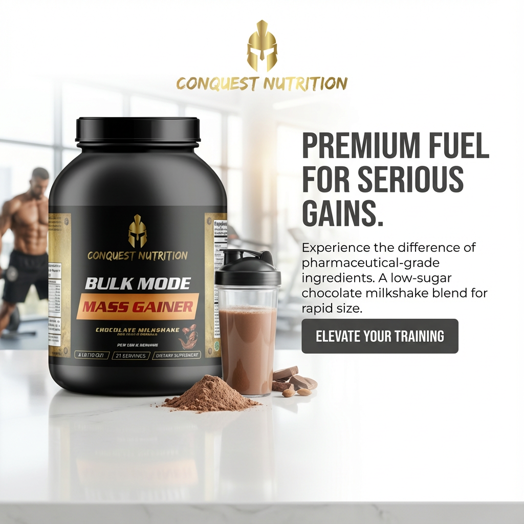Conquest Nutrition Bulk Mode Mass Gainer supplement with a man working out in the background.