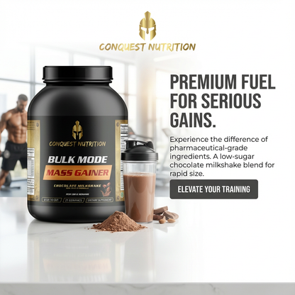 Conquest Nutrition Bulk Mode Mass Gainer supplement with a man working out in the background.