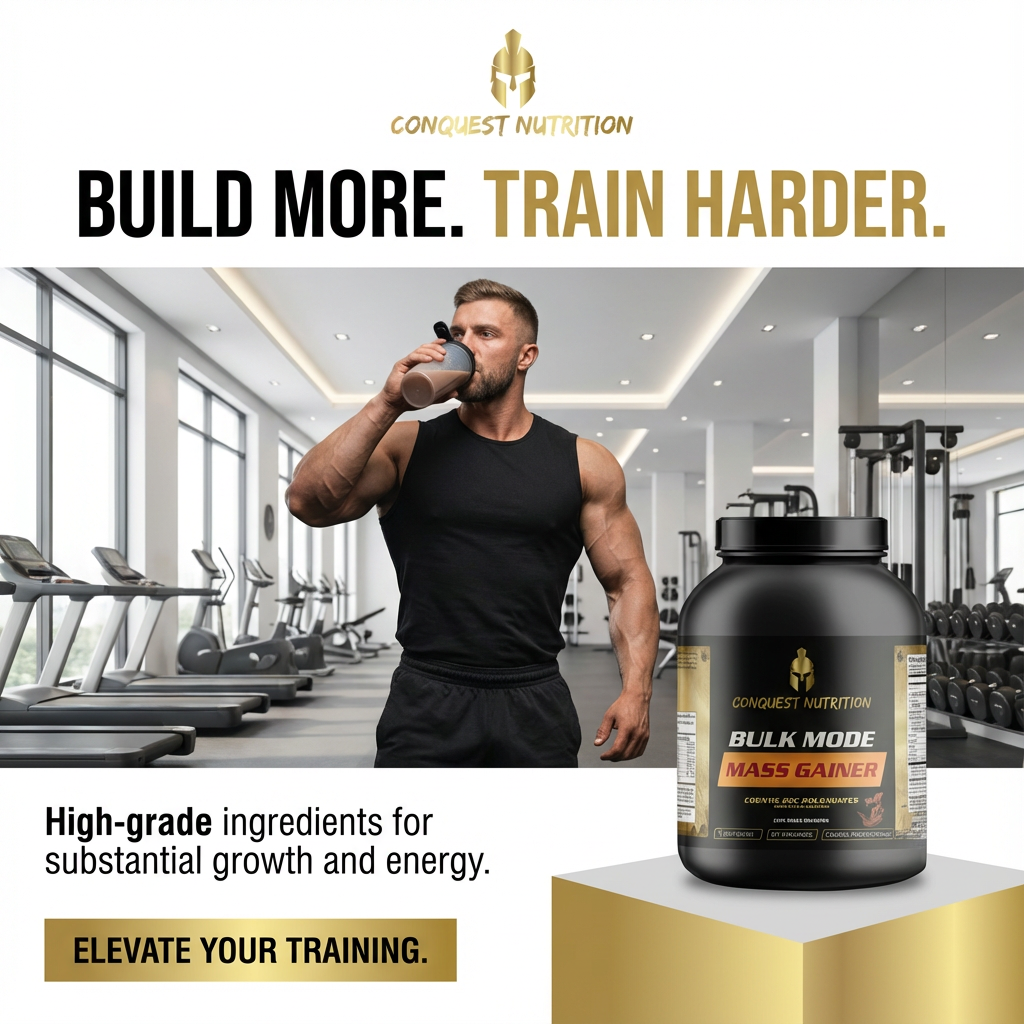 Man drinking from a supplement container with 'Conquest Nutrition' mass gainer in a gym setting.