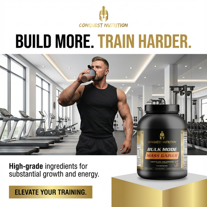 Man drinking from a supplement container with 'Conquest Nutrition' mass gainer in a gym setting.