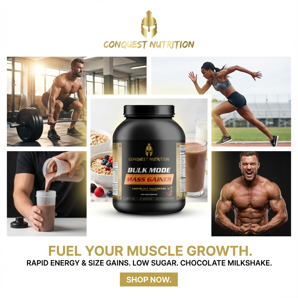 Conquest Nutrition Bulk Mode Mass Gainer supplement with lifestyle images of a man and woman exercising.