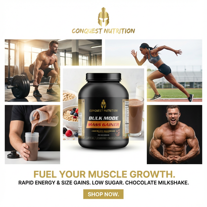 Conquest Nutrition Bulk Mode Mass Gainer supplement with lifestyle images of a man and woman exercising.