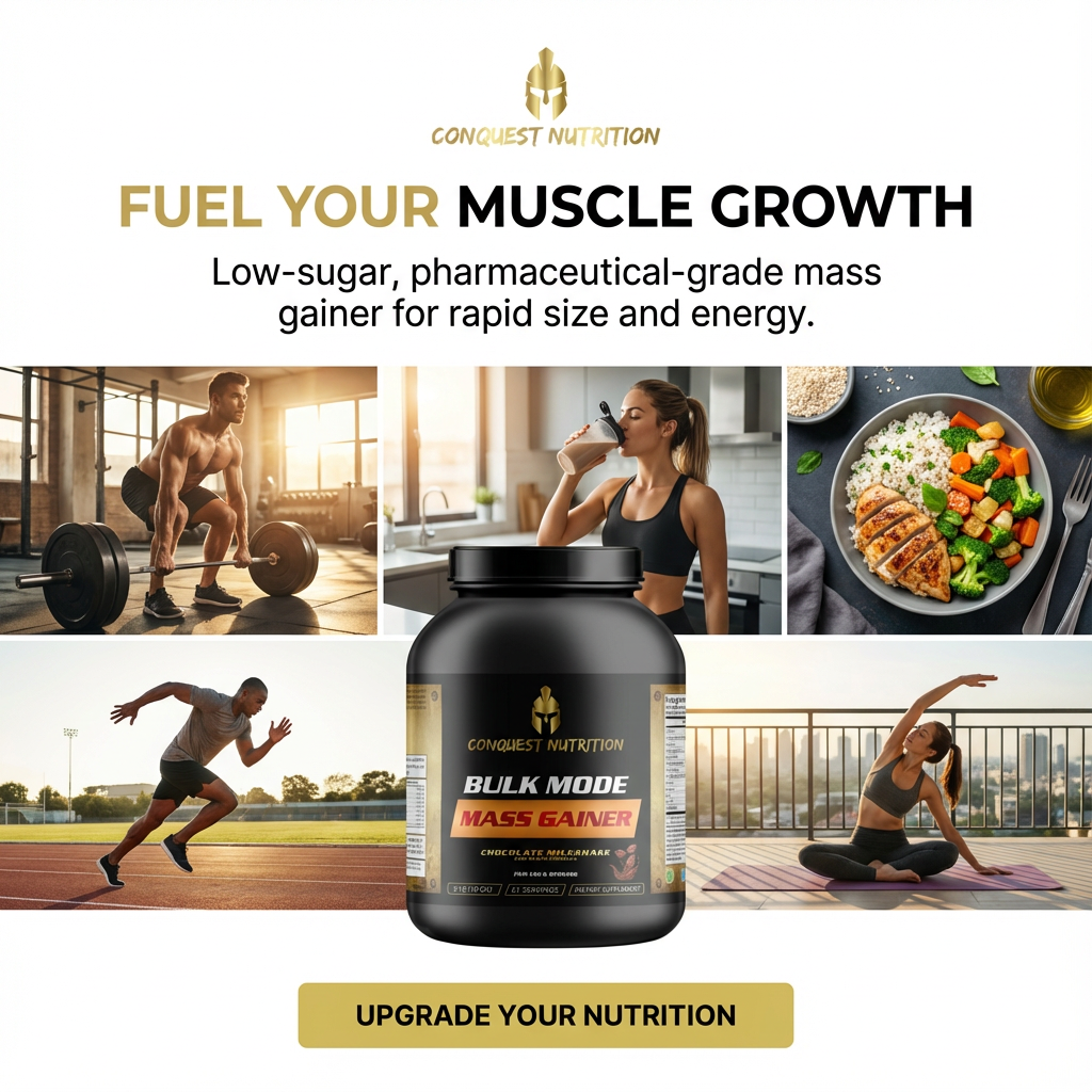 Advertisement for Conquest Nutrition Bulk Mode Mass Gainer with lifestyle images and product packaging.