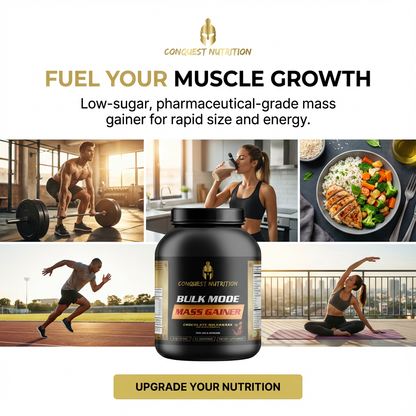 Advertisement for Conquest Nutrition Bulk Mode Mass Gainer with lifestyle images and product packaging.