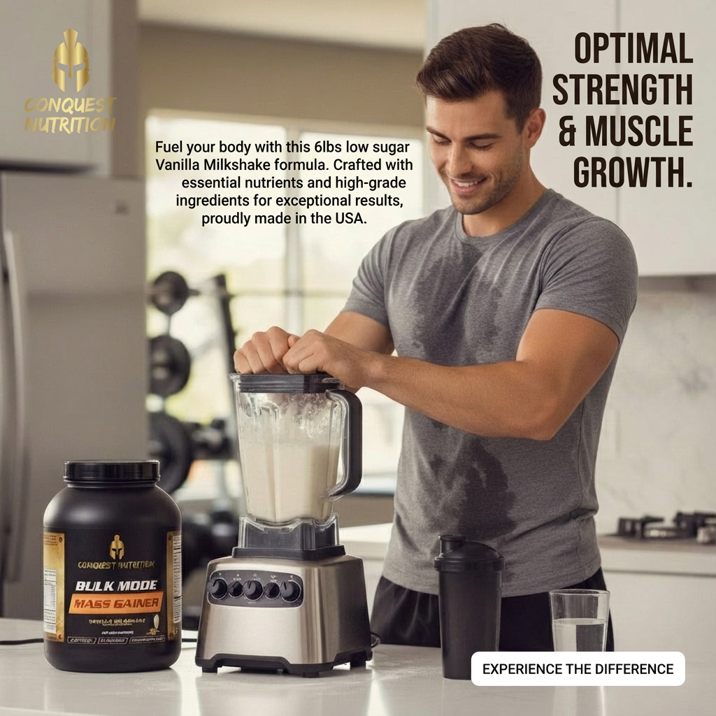 Man preparing a shake with Conquest Nutrition supplement in a kitchen setting