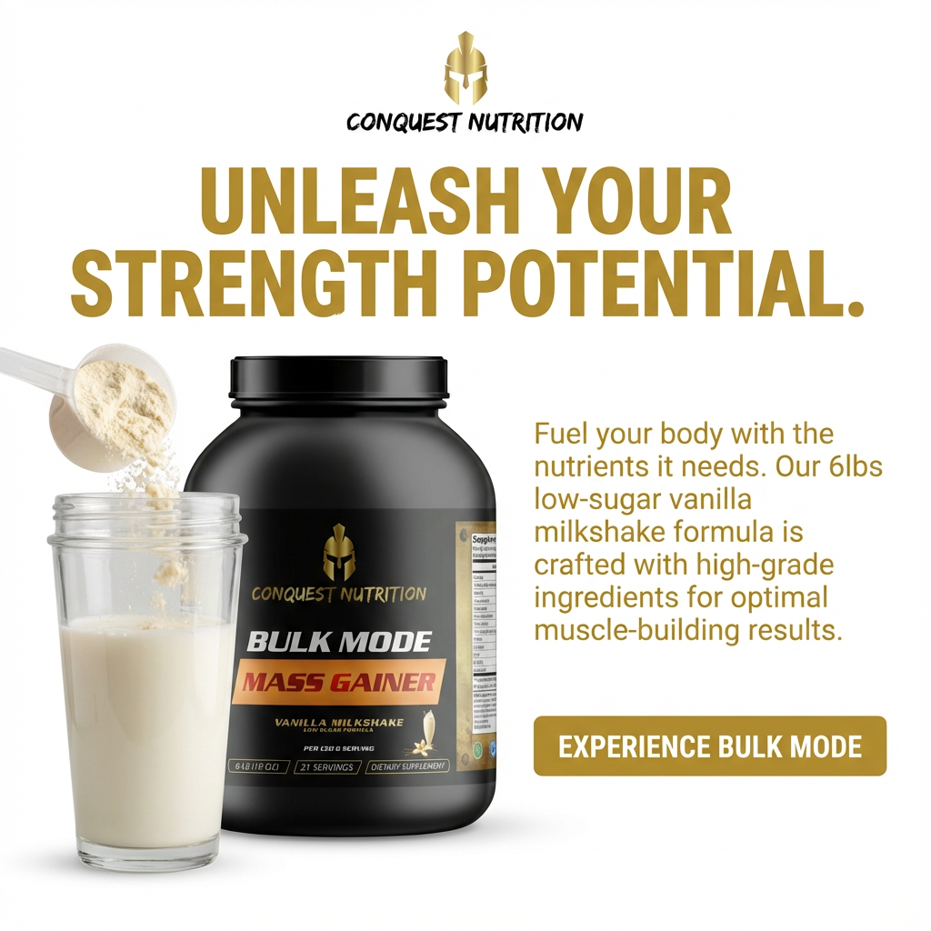 Conquest Nutrition mass gainer supplement with a glass of vanilla shake on a white background