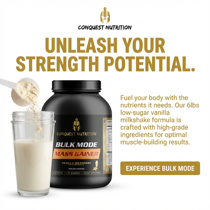 Conquest Nutrition mass gainer supplement with a glass of vanilla shake on a white background