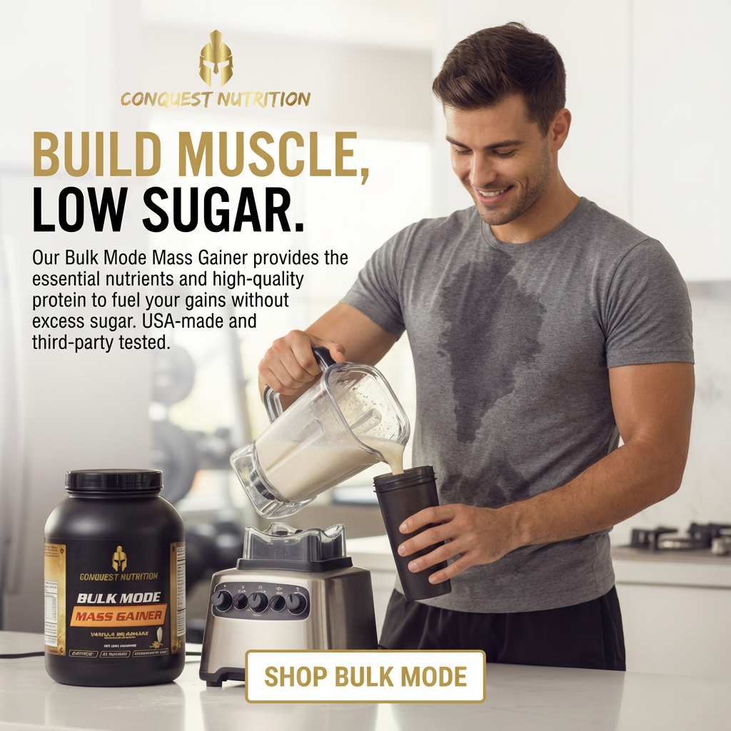 Man pouring a supplement into a blender with Conquest Nutrition products displayed.