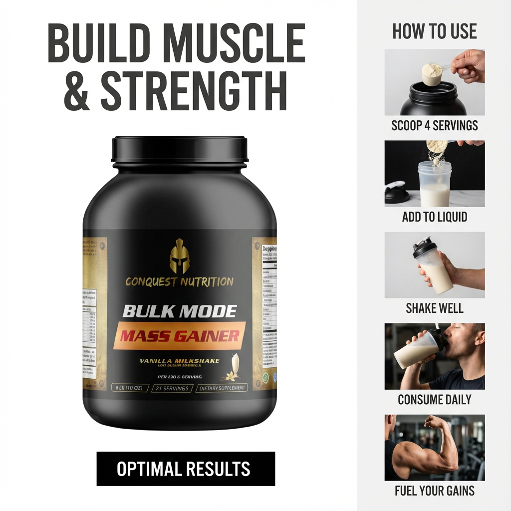 Conquest Nutrition Bulk Mode Mass Gainer supplement container with usage instructions on a white background