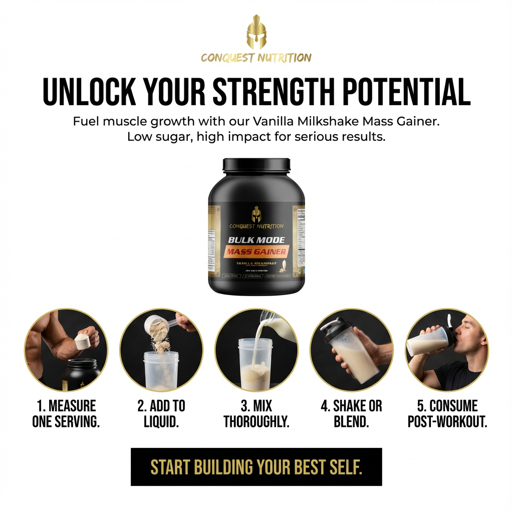 Conquest Nutrition Vanilla Milkshake Mass Gainer with usage instructions on a white background