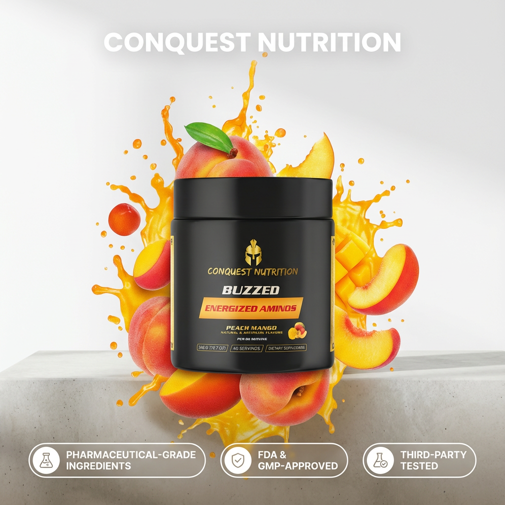 Conquest Nutrition Buzzed Energized Amino supplement container with peach slices and splashes on a light gray background