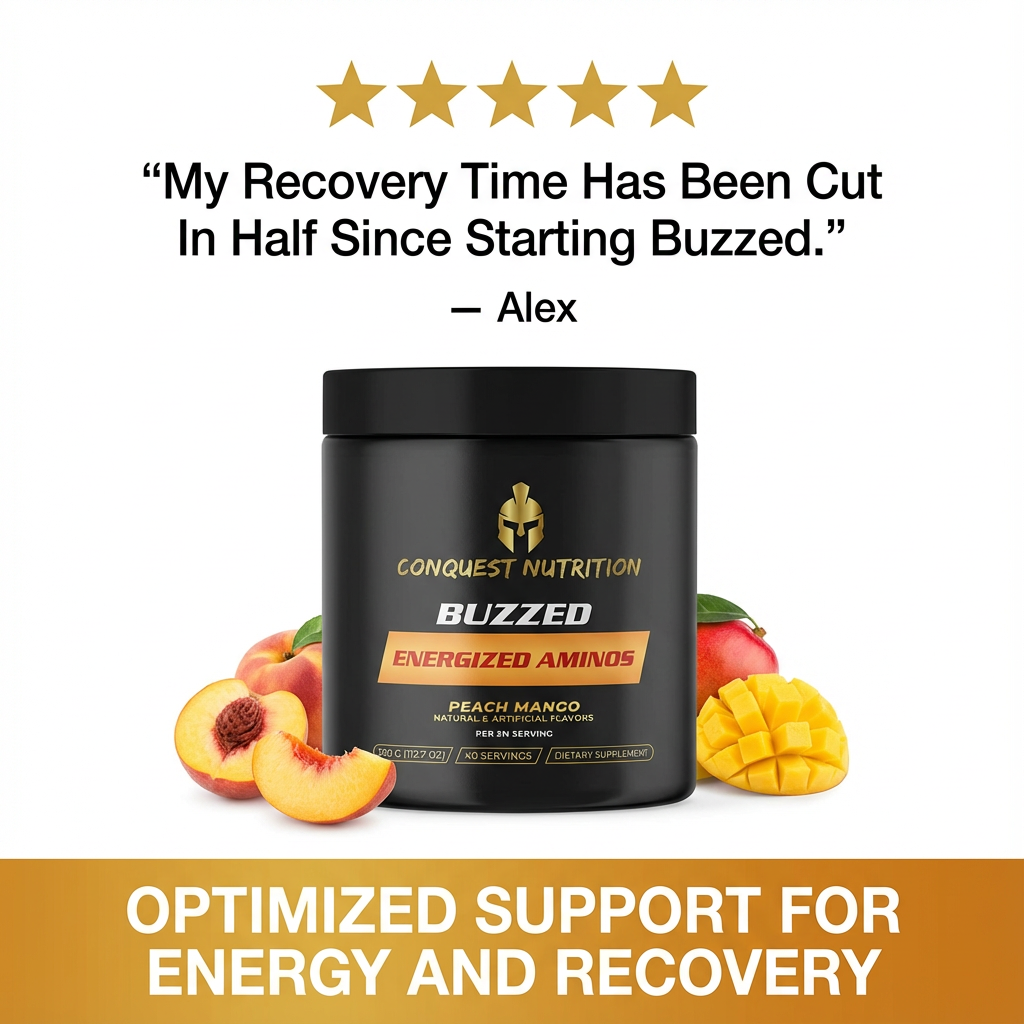 Conquest Nutrition Buzzed Energized Aminos container with peach and mango, customer testimonial, and product description on a white background.
