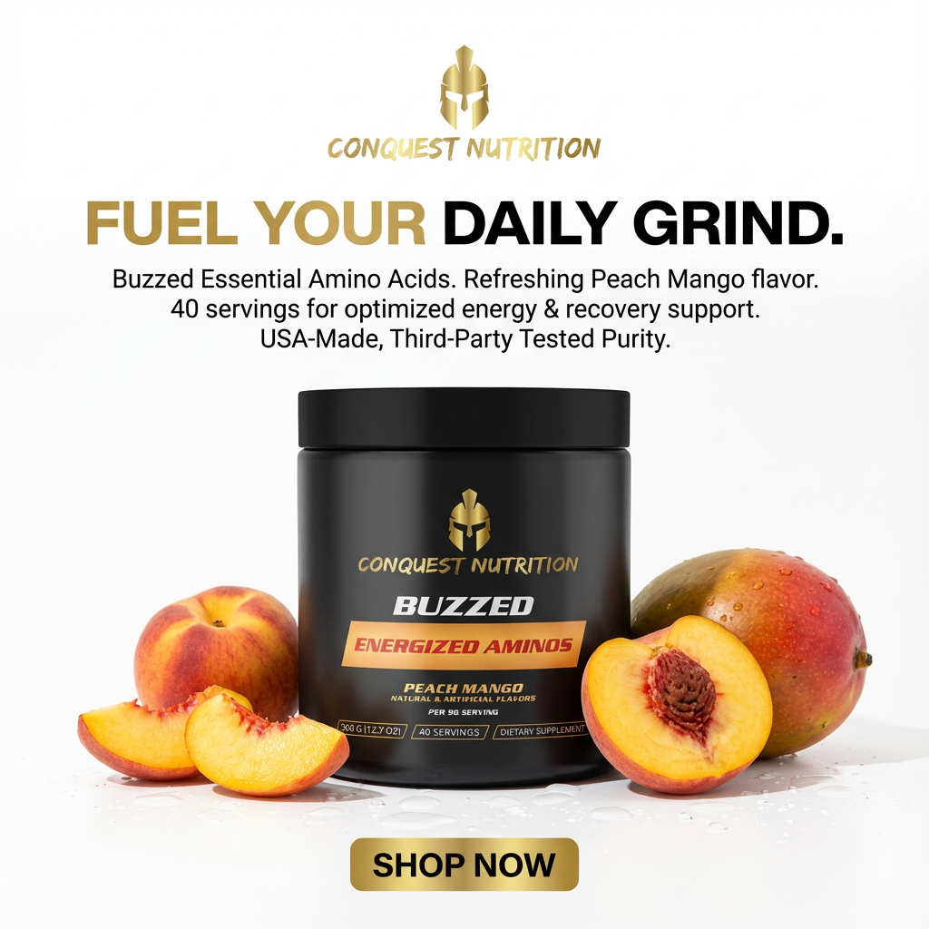 Conquest Nutrition Buzzed Aminos with peach and mango on a white background