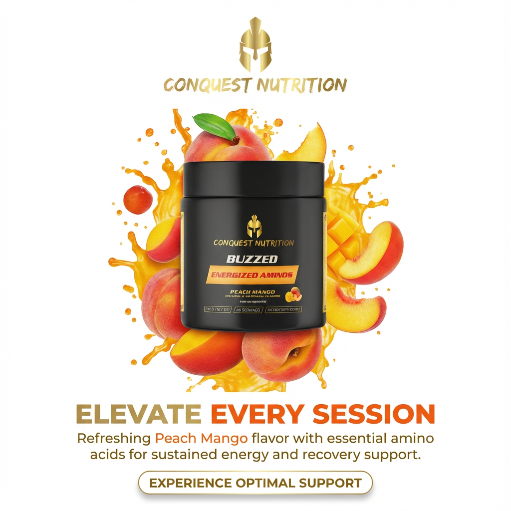 Conquest Nutrition Buzzed energy drink mix with peach mango flavor on a white background