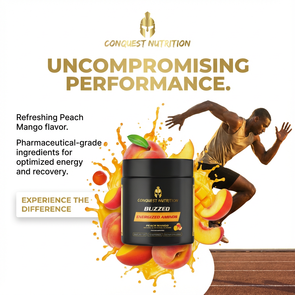 Conquest Nutrition Buzzed supplement with peach mango flavor and running man on white background