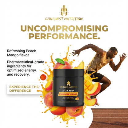 Conquest Nutrition Buzzed supplement with peach mango flavor and running man on white background