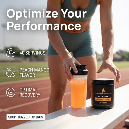 Person holding a protein shake with 'Optimize Your Performance' text and product details on a track background.