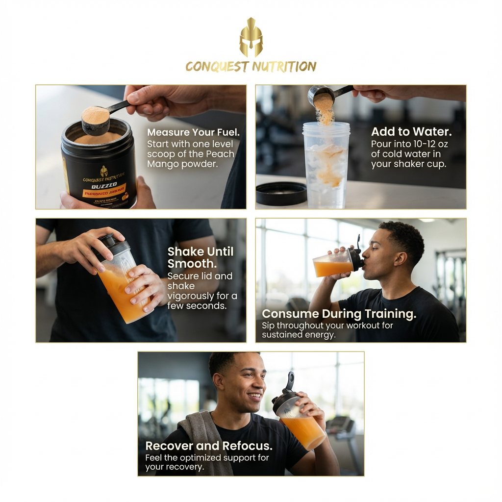 Instructions for using a protein shake with Conquest Nutrition branding.