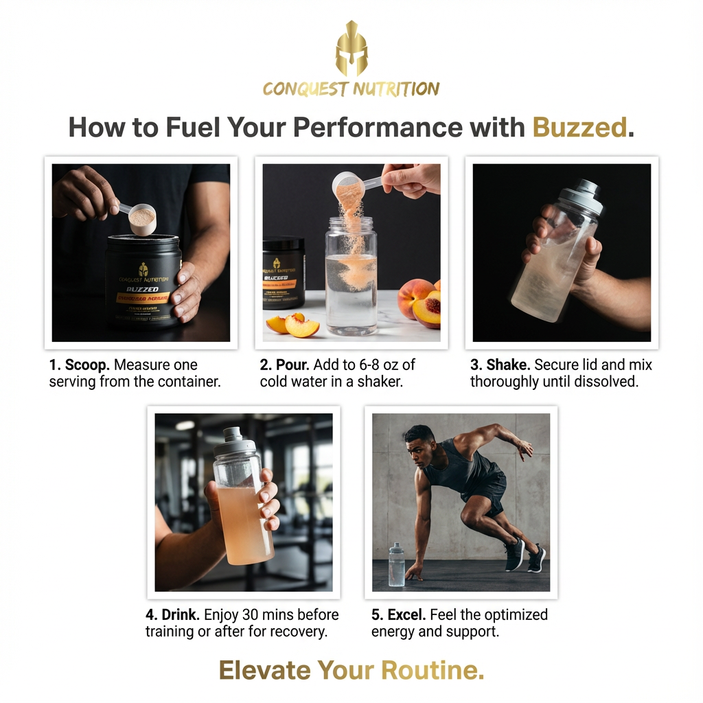 Conquest Nutrition Buzzed product usage guide with steps and images.