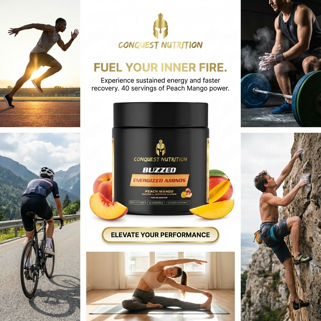 Promotional image for Conquest Nutrition Buzzed Energized Aminos with lifestyle images and product packaging.