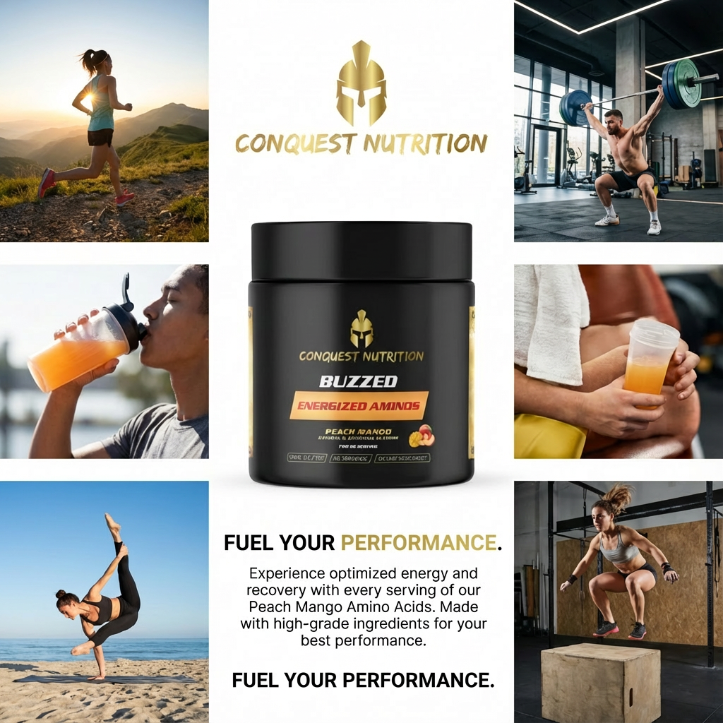 Promotional collage for Conquest Nutrition Buzzed Aminos with lifestyle images and product packaging.