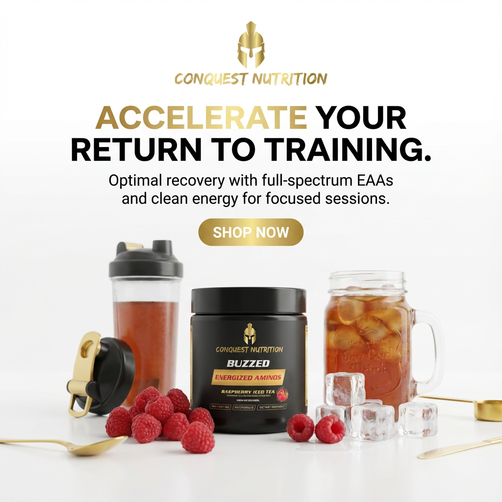 Conquest Nutrition products including a shaker, container, and iced tea with raspberries on a white background.