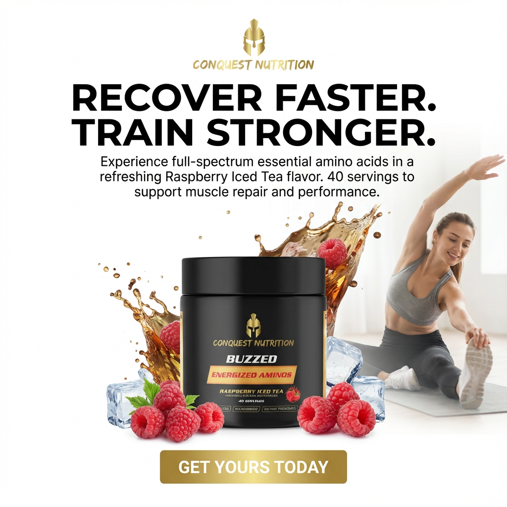 Conquest Nutrition Buzzed Amino Acids container with raspberries and ice, and a person stretching in the background.