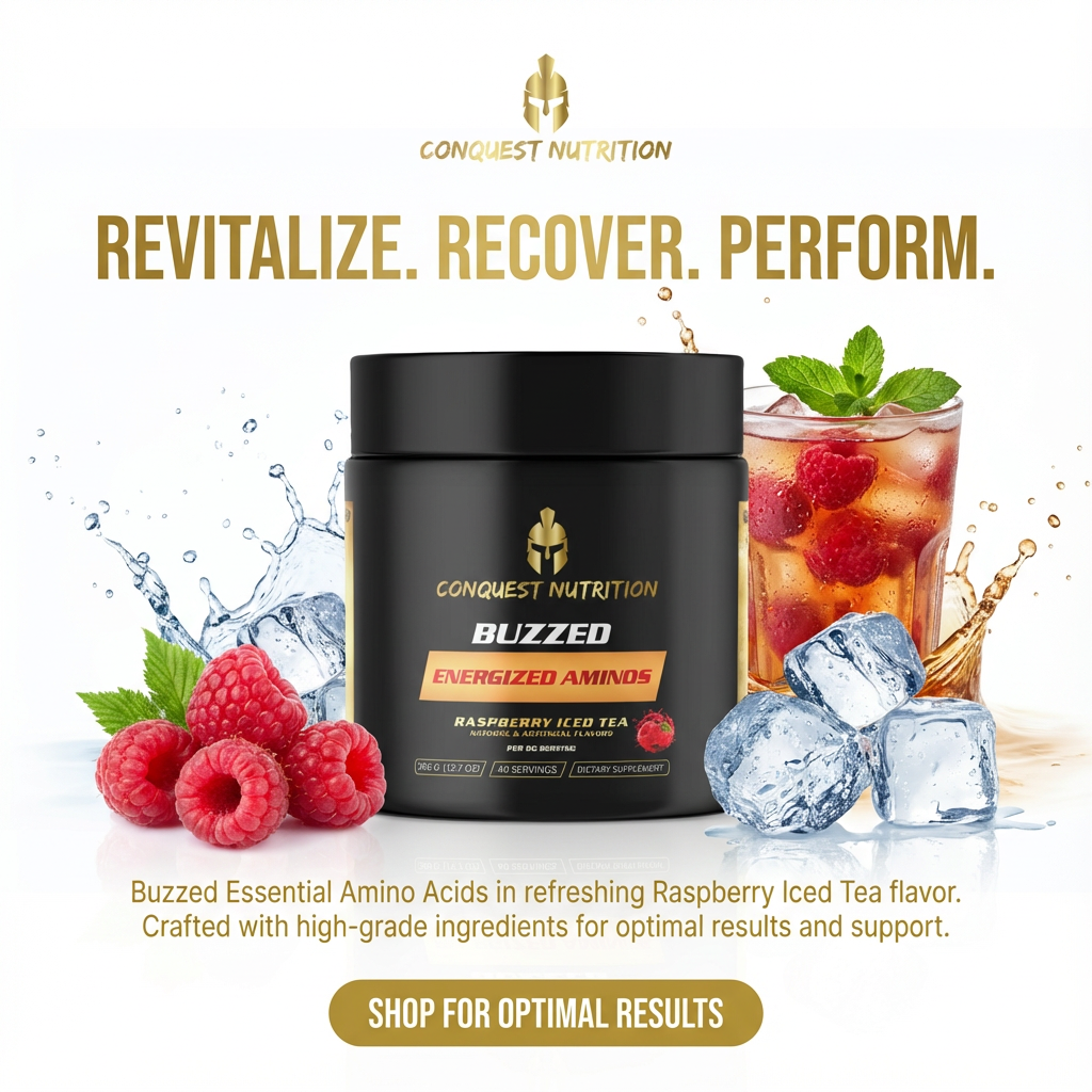 Conquest Nutrition Buzzed Essential Amino Acids container with raspberries, ice cubes, and iced tea on a white background.
