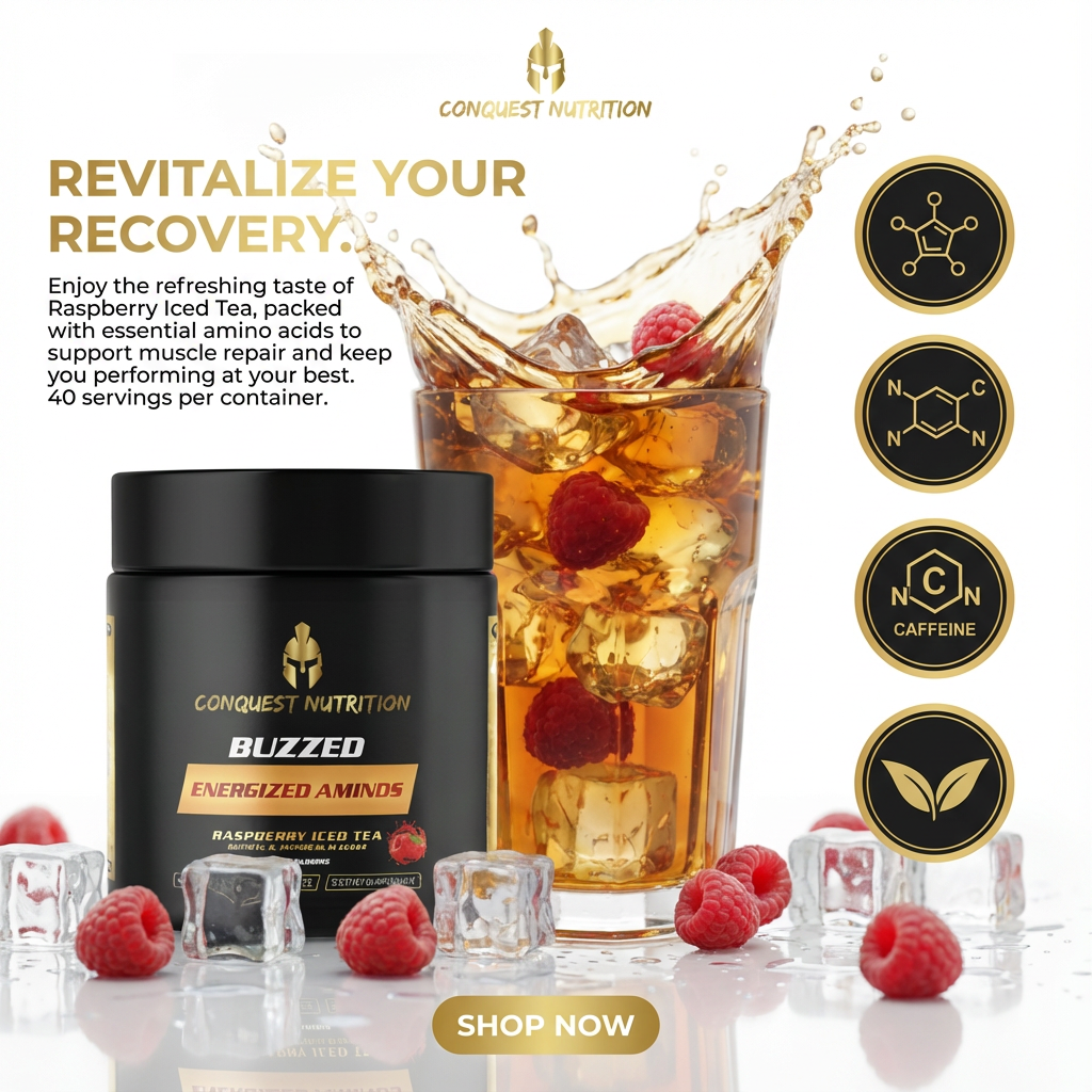 Conquest Nutrition Buzzed Energized Aminos with a glass of raspberry iced tea on a white background