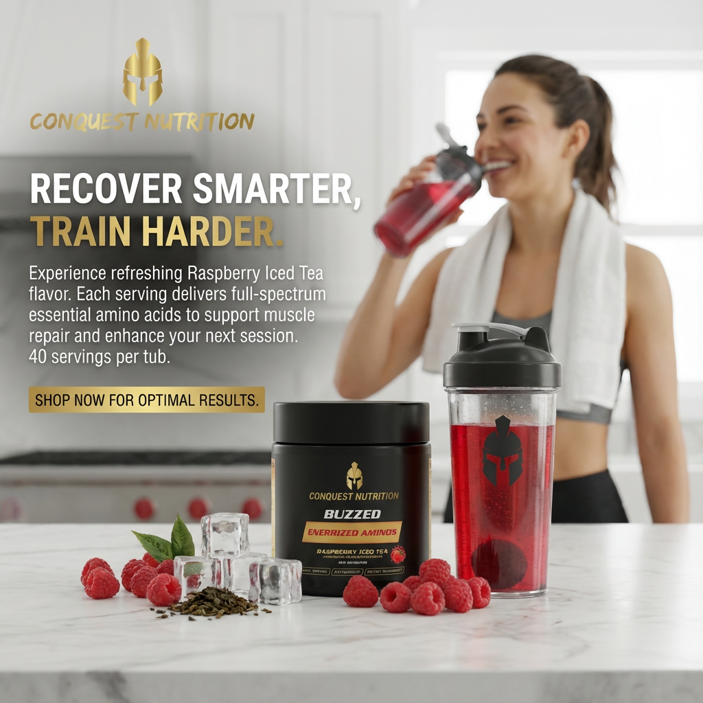 Conquest Nutrition product advertisement with a woman drinking a red beverage.