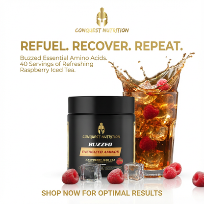 Conquest Nutrition Buzzed Amino Acids container with raspberry iced tea on a white background