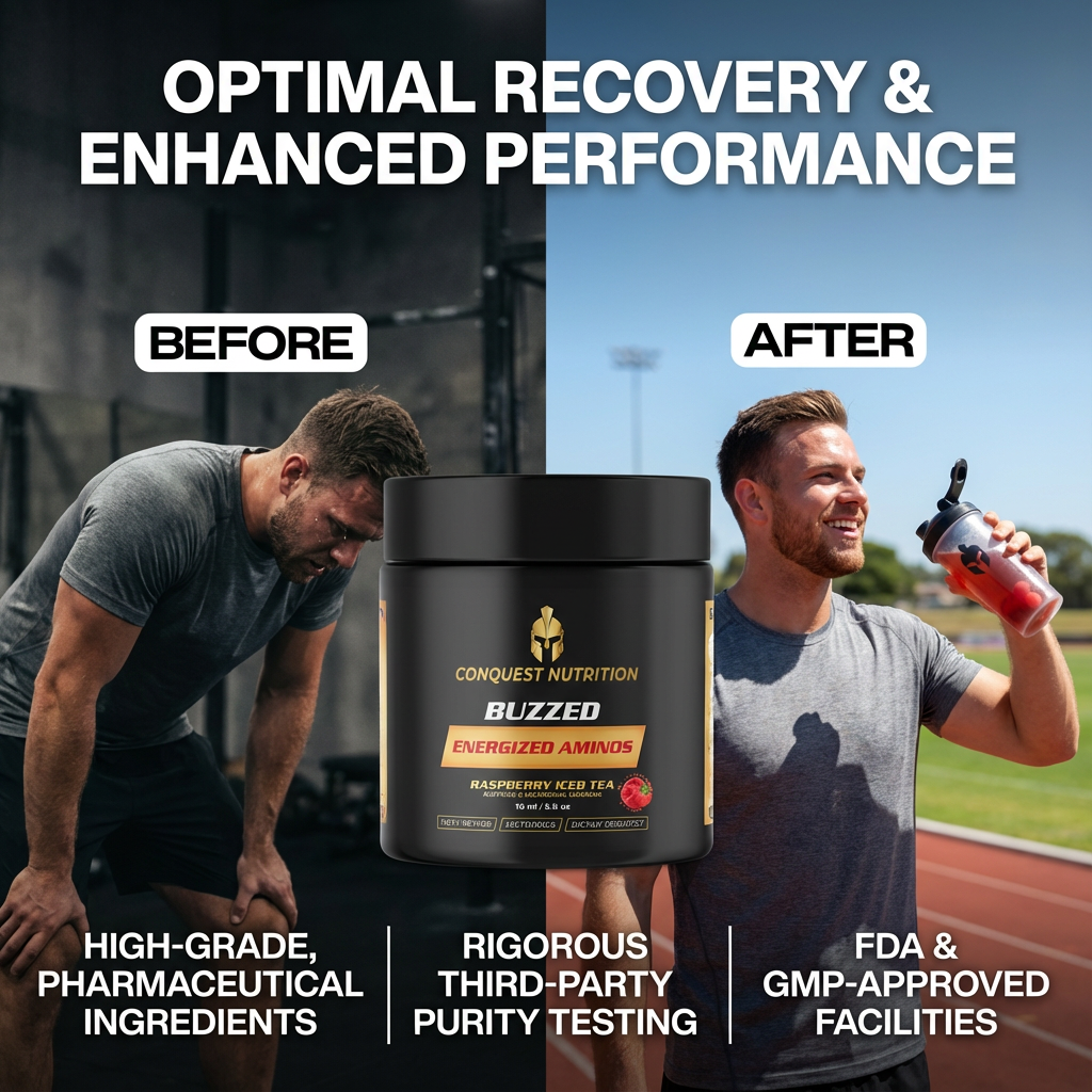 Before and after comparison of a man using Conquest Nutrition Buzzed Energized Aminos, with text highlighting product features.