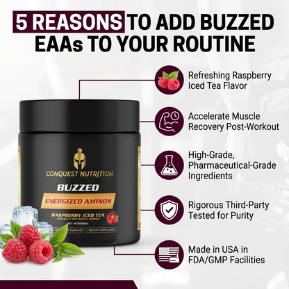 Conquest Nutrition Buzzed Energized Aminos container with features listed on a white background