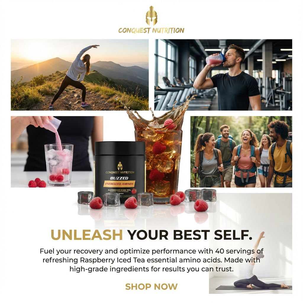 Advertisement for Conquest Nutrition product with lifestyle images and promotional text.