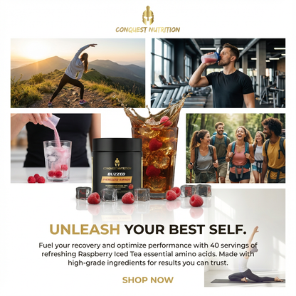 Advertisement for Conquest Nutrition product with lifestyle images and promotional text.