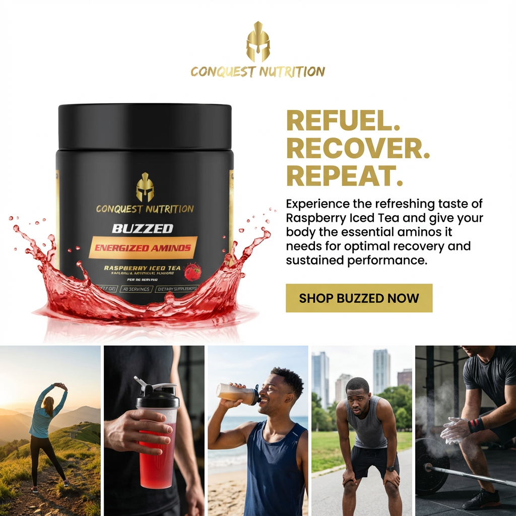 Conquest Nutrition Buzzed energy drink container with lifestyle images and promotional text.