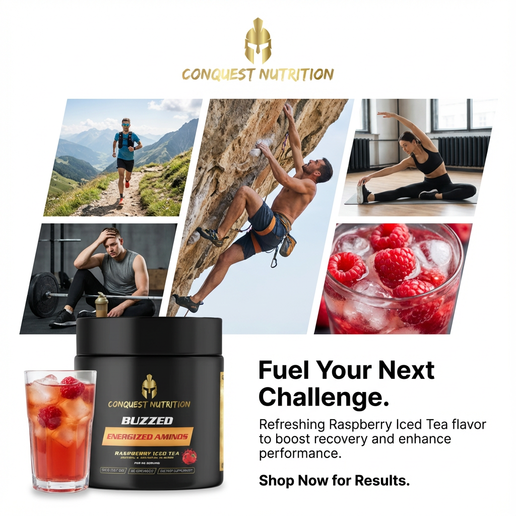 Promotional image for Conquest Nutrition product with lifestyle images and text.
