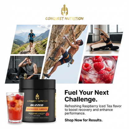 Promotional image for Conquest Nutrition product with lifestyle images and text.