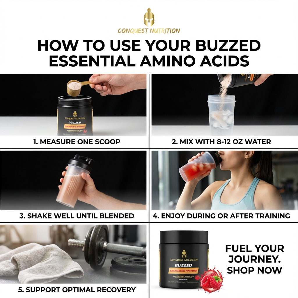Instructions on how to use Buzzed Essential Amino Acids with Conquest Nutrition branding.