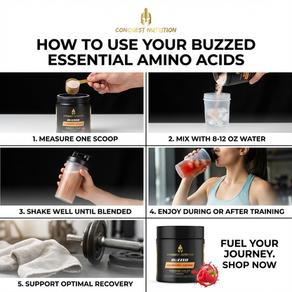 Instructions on how to use Buzzed Essential Amino Acids with Conquest Nutrition branding.