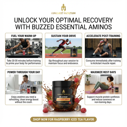 Advertisement for Buzzed Essential Aminos by Conquest Nutrition with images of people exercising and a product display.