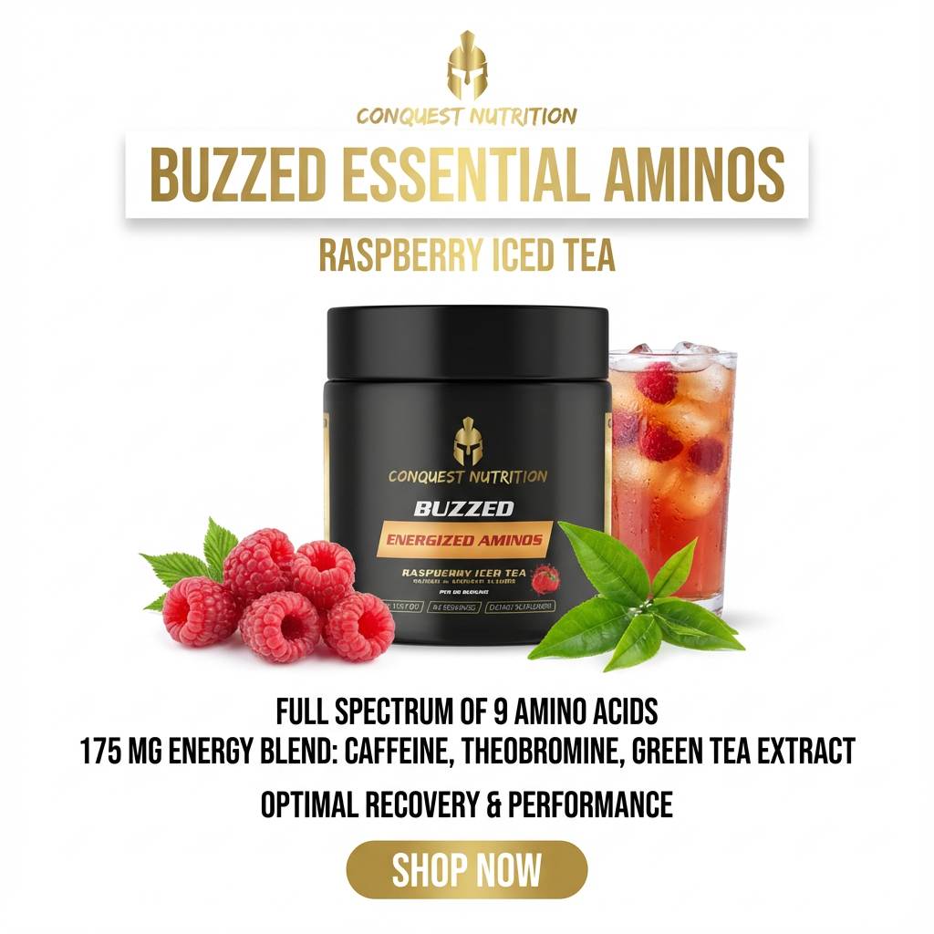 Conquest Nutrition Buzzed Essential Aminos packaging with raspberries and iced tea on a white background