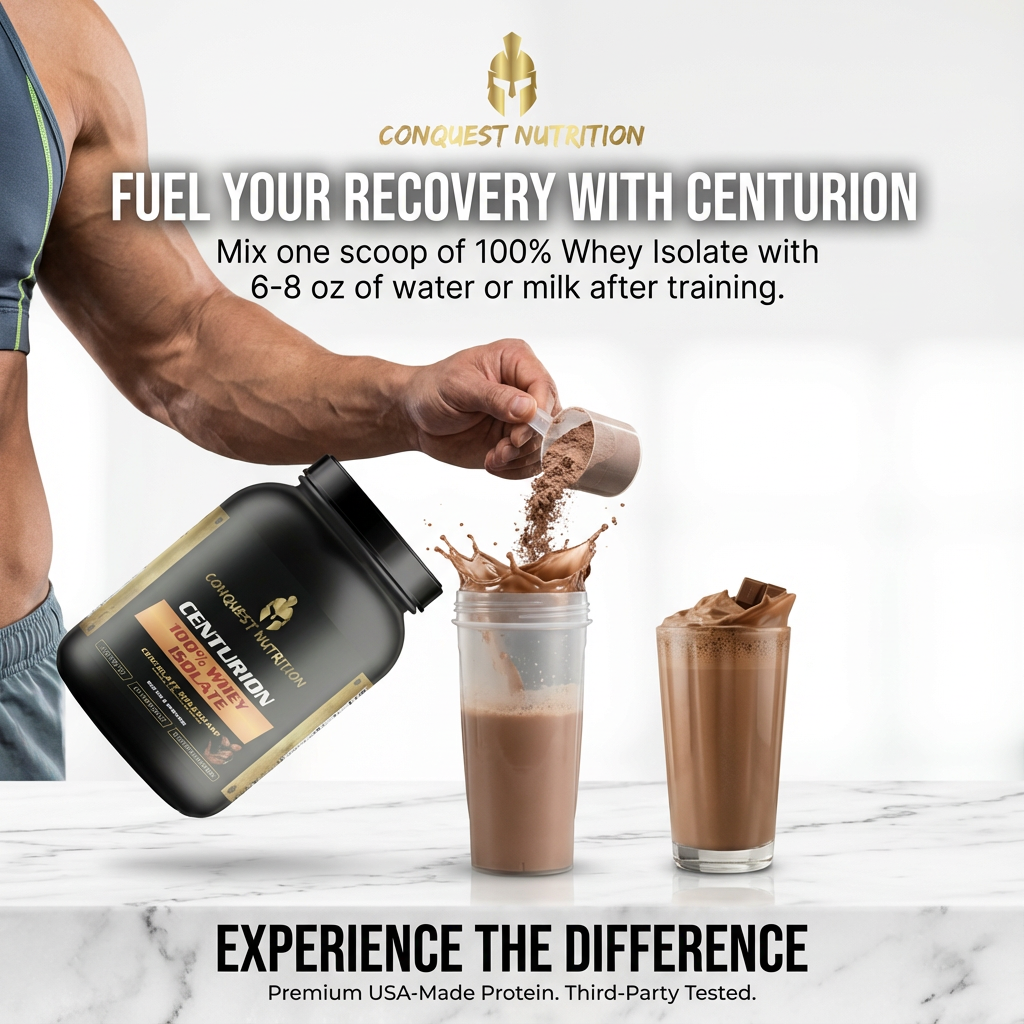 Promotional image of Conquest Nutrition Centurion protein powder with a person pouring it into a glass.
