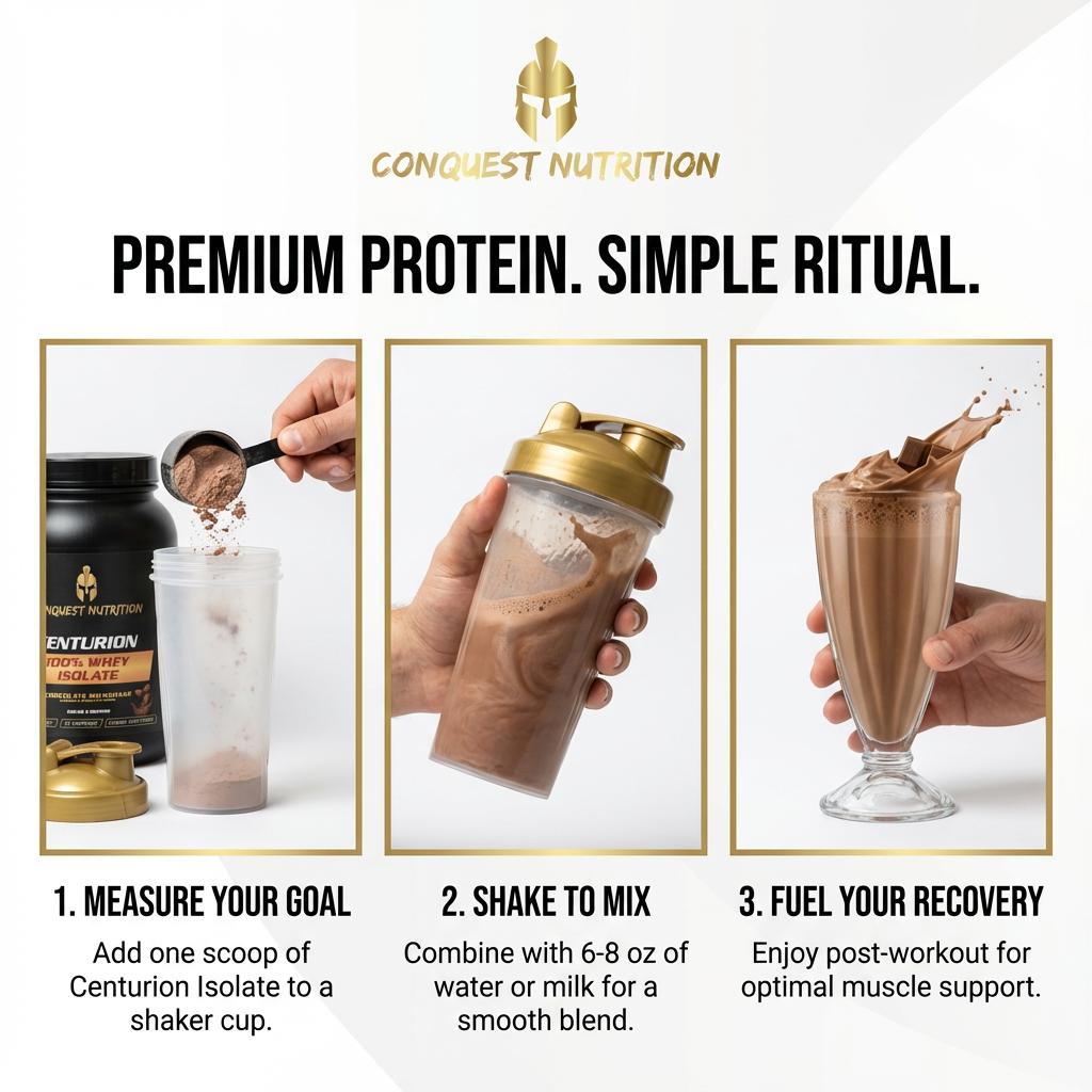 Conquest Nutrition protein shake preparation steps with a bottle and shaker cup.