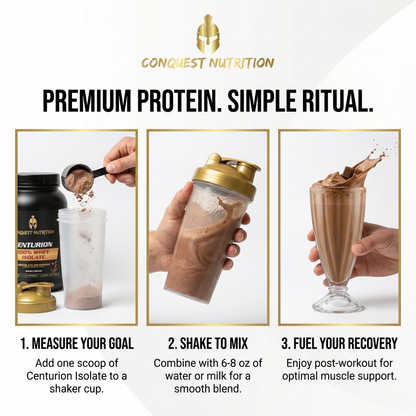 Conquest Nutrition protein shake preparation steps with a bottle and shaker cup.